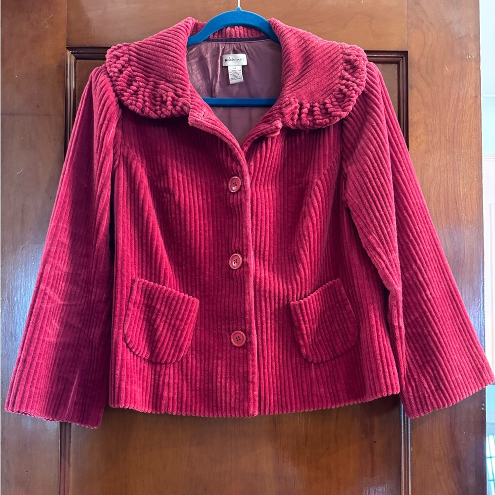 Elevenses (Antropologie) red, soft corduroy jacket, Size 14. Arm length- 21”